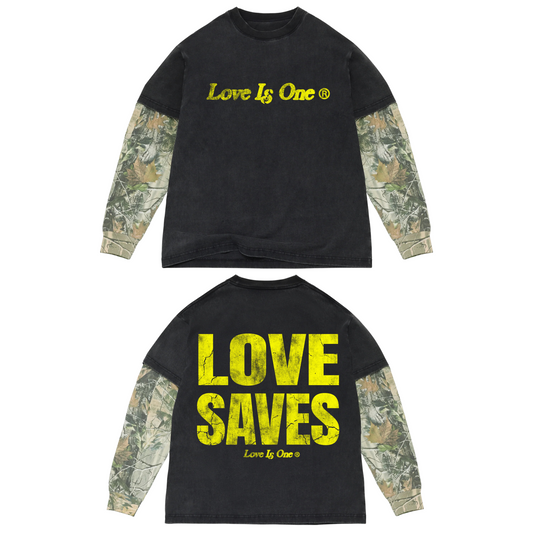 LOVE SAVES OVERSIZED 2FER L/S  VINTAGE BLACK AND WOOD CAMO