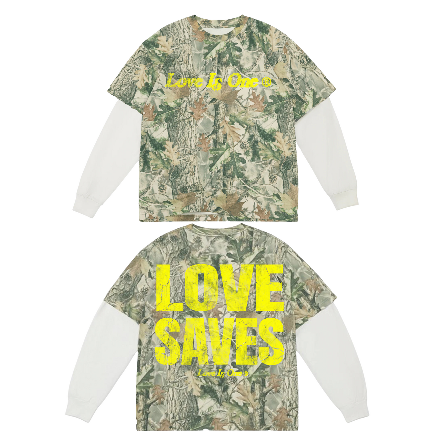 LOVE SAVES OVERSIZED 2FER L/S  VINTAGE WOOD CAMO AND WHITE